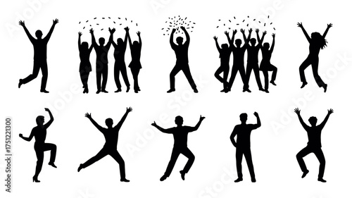 Vector art of silhouette of celebrating people cheerful crowd with hands up, jumping and dancing party, victory, success concept