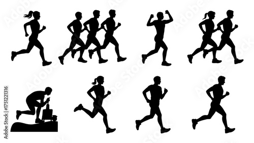 Vector art of running silhouettes collection of various running poses, including sprinting, jogging, and marathon running
