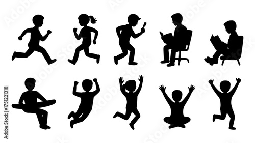 Vector art of stick figures of children in various activities, including running, reading, playing, and sitting
