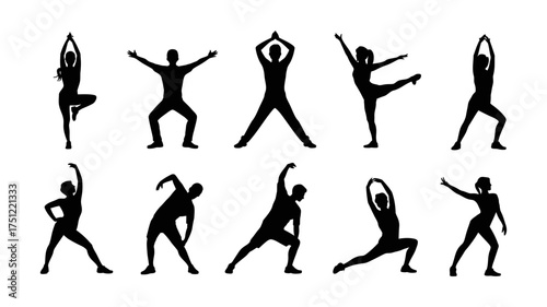 Vector art of stick figures of people in various yoga poses and stretching, representing fitness and wellness