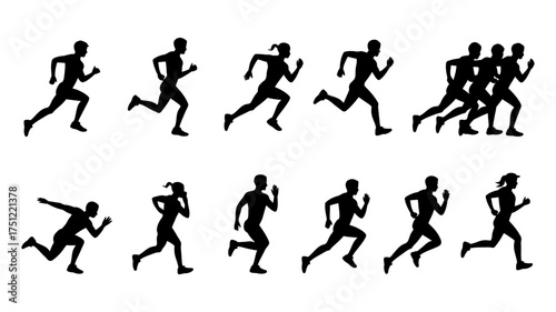 Vector art of silhouette of people running, depicting a group of athletes in motion during a race or training session