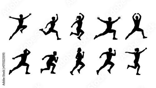 Vector art of silhouette of people running and jumping set of black silhouettes of athletes in different poses, vector illustration