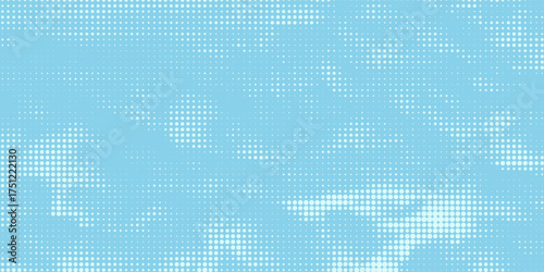 Blue halftone gradient pattern. Retro comic book background with white clouds against blue sky. Vector illustration.
