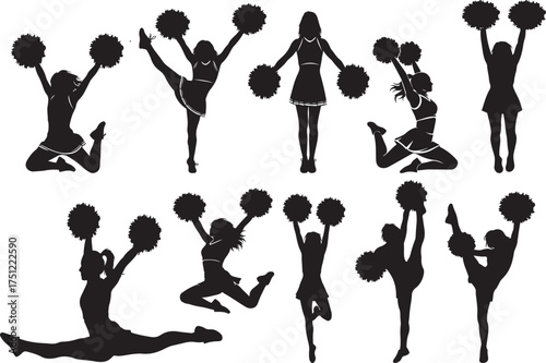 Cheerleader Silhouette Vector Set – Dynamic Poses with Pom Poms on White Background