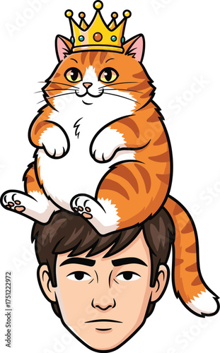 Cartoon Ginger Cat King with Crown Sitting on Man's Head