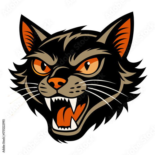 Black kitten head cartoon vector illustration with cute funny eyes