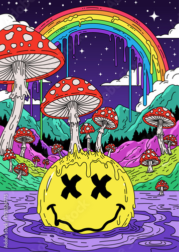 Surreal Fantasy Landscape with Melting Face and Giant Mushrooms under a Cosmic Rainbow Sky