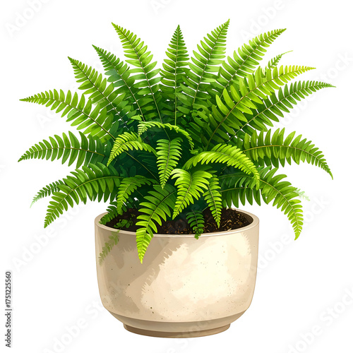 Lush green fern in a simple, off-white pot against a black background, digitally rendered