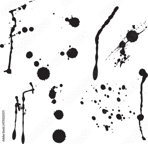 Collection of black ink blotches and paint splatters scattered on the white background forms artistic patterns