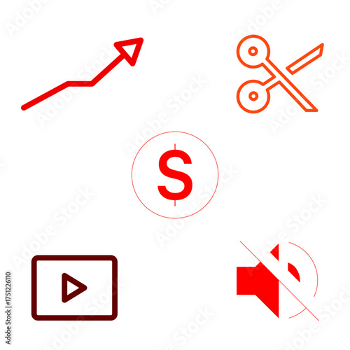 Collection of red and orange icons representing finance video and sound on a white background