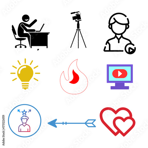 Collection of icons representing content creation and online engagement