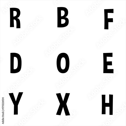 Black letters arranged in a grid on a white background