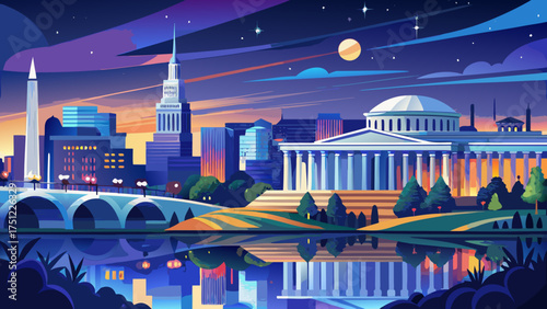 
Very beautiful night cityscape of Arlington Virginia with glowing buildings and reflections over the Potomac River under a starry sky.