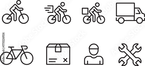 Delivery and logistics icons with bicycle, truck, box, and tools