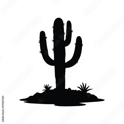 Black silhouette of saguaro cactus with ground plants on a white background, cactus sandy terrain silhouette vector illustration