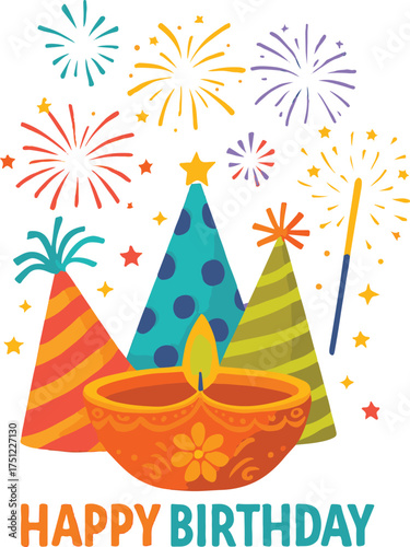 Happy Birthday Festive Diyas and Party Hats