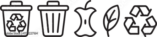 Recycling Icons Trash Can Apple Core Leaf and Recycle Symbol