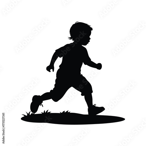 A captivating monochrome illustration of a young boy running joyfully across a field, child running in playground silhouette vector illustration