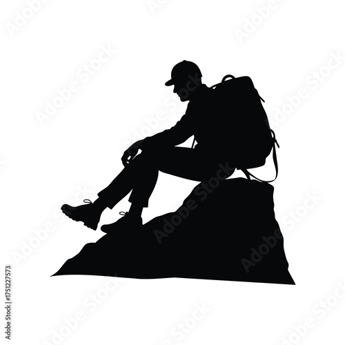 Silhouette of a hiker resting on a rock, contemplating the journey ahead, climber resting ledge silhouette vector illustration