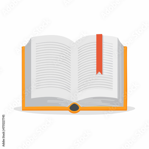 An open book with a red bookmark, showing the pages with text, and an orange cover.