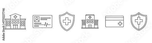 Vector art of collection of healthcare icons, including hospital, medical card, shield with cross, and credit card, representing health insurance and services transparent background