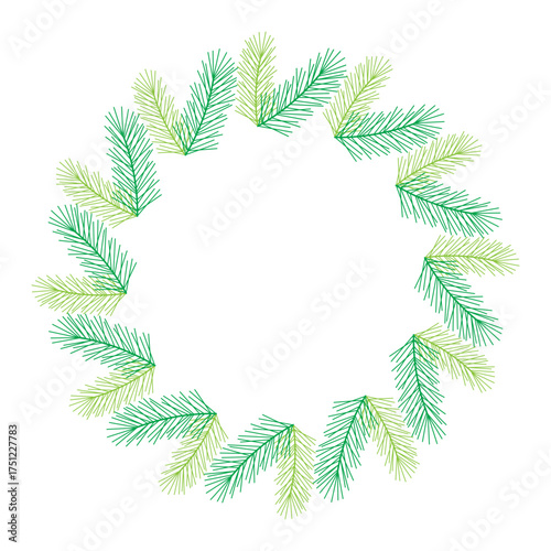 Fir and pine green twigs wreath. Coniferous branch circle frame. Vector illustration. Plant garland. Template for holiday card and poster design.
