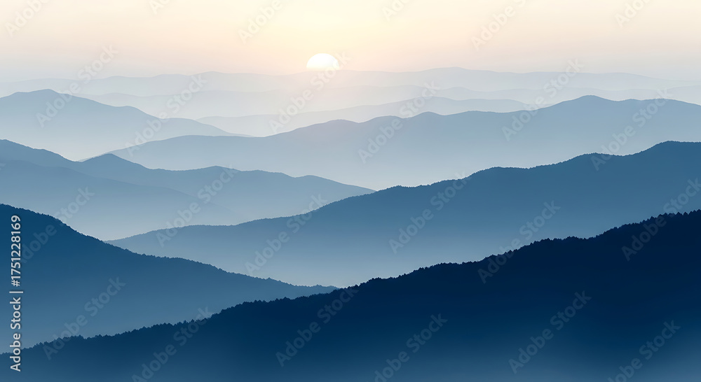 Naklejka premium Serene blue mountain range with soft sunrise light