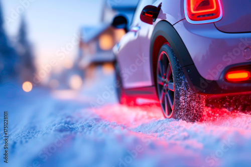 Winter road with electric plug in car with soft shadow photorealistic