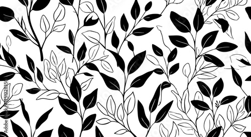 Elegant black and white botanical pattern with delicate leaves and branches creating a sophisticated modern natural backdrop for design projects