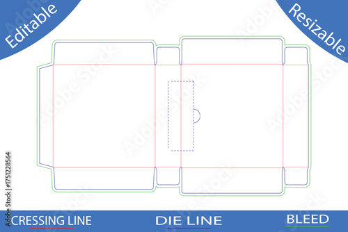 Packaging box die cut template with tuck flap and bleed