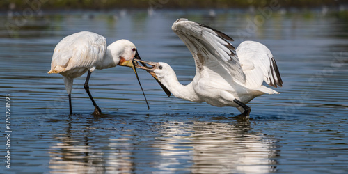 Les Spatules blanches (Platalea leucorodia - Eurasian Spoonbill) à la pêche