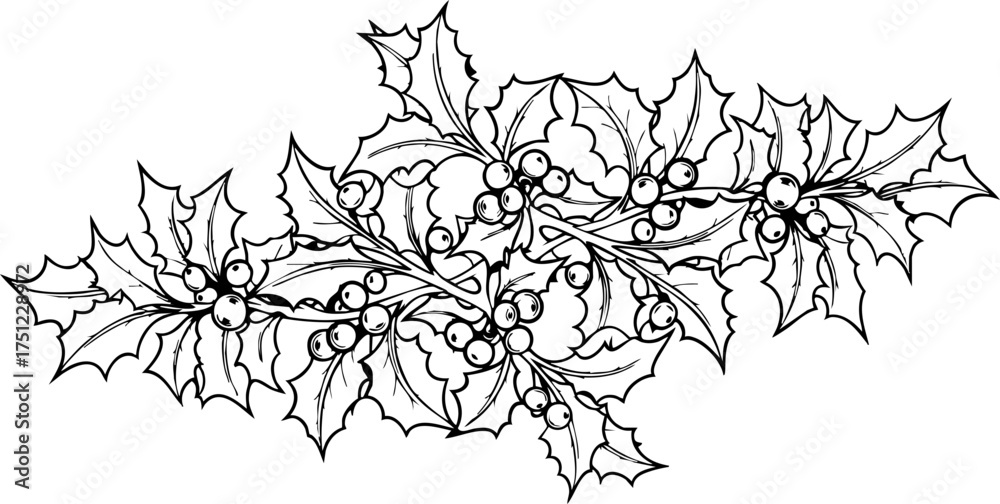 Fototapeta premium Elegant hand drawn holly branch garland design for festive holiday decoration and winter celebration themes