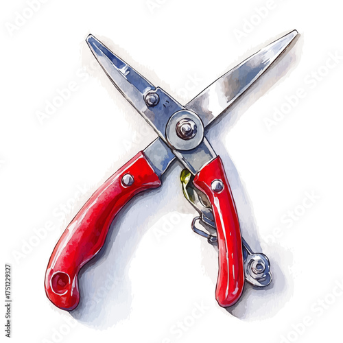 watercolor of Pruning Shears, vector, isolated on a white background.