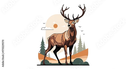 Majestic Deer in a Forest Landscape Illustration.