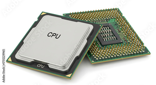 Two computer processors cpu microchips on a white background