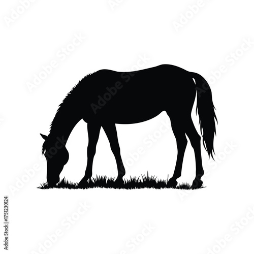Black Silhouette of a Horse Grazing Peacefully on a Patch of Green Grass, horse grazing silhouette vector illustration