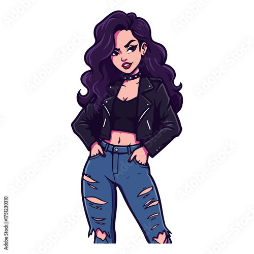Stylish cartoon girl in a leather jacket and jeans