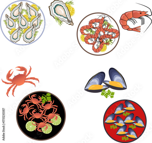 Vector illustration of shrimp, mussels, and crabs