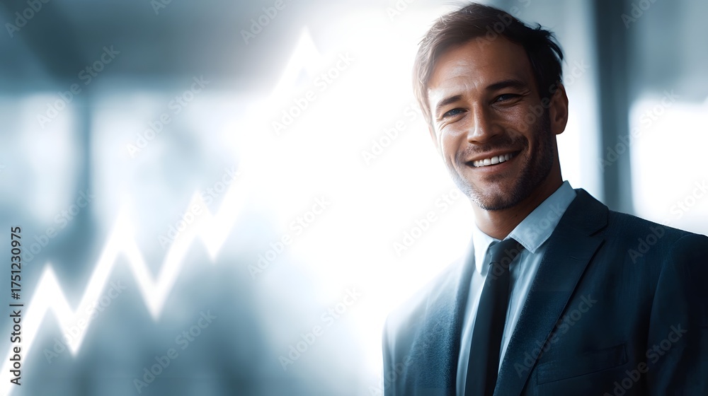 Fototapeta premium A confident businessman smiles in front of an upward trending financial graph symbolizing success and growth in business