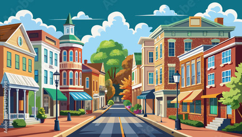 
Very beautiful downtown Staunton Virginia street with classic architecture, colorful facades, and charming atmosphere on a sunny day.