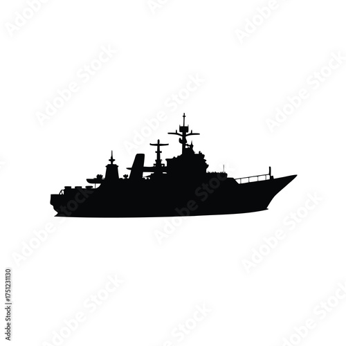 Silhouette of a modern warship at sea, patrolling and ready for battle, naval warship silhouette vector illustration