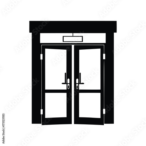 Black and white image depicts double doors in a closed position, office entry door silhouette vector illustration