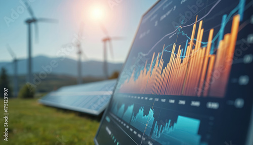 Digital monitor shows graphs and charts near solar panels and wind turbines. Renewable energy plant data analysis and green tech concept. Sustainable future, clean electricity management system.