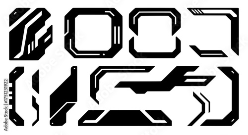 Collection of isolated black futuristic shapes and high-tech frames. Vector assets for creating sci-fi HUD interfaces, cyberpunk decals, and digital art.