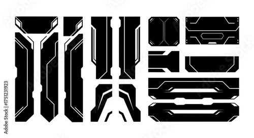 Collection of abstract black futuristic shapes and sci-fi interface elements. Vector assets for modern cyberpunk design, HUD displays, and tech graphics.