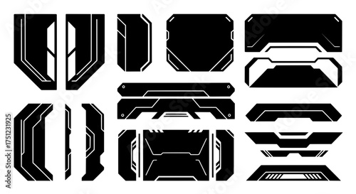 A versatile vector collection of isolated black futuristic shapes and high-tech sci-fi components. Perfect for creating cyberpunk HUDs and abstract tech art.