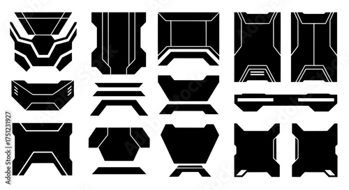 A set of black isolated sci-fi shapes resembling robotic armor parts. Vector collection for futuristic game assets, cyberpunk design, and techwear graphics.