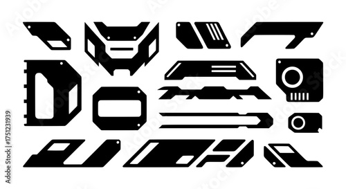 Set of various black high-tech mechanical shapes and abstract cyberpunk elements. Vector assets for futuristic UI, HUD displays, and sci-fi design projects.