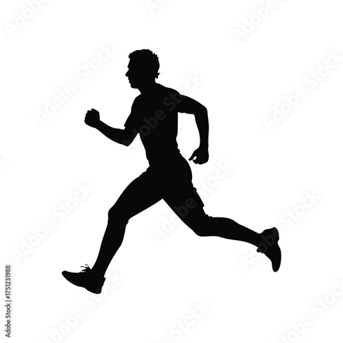 Silhouette of a runner in mid stride depicted against a white background, person jogging silhouette vector illustration