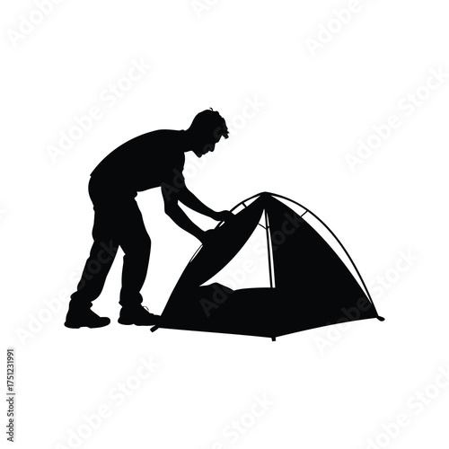 Silhouette of a man setting up a tent for camping in the wilderness, person setting up tent silhouette vector illustration